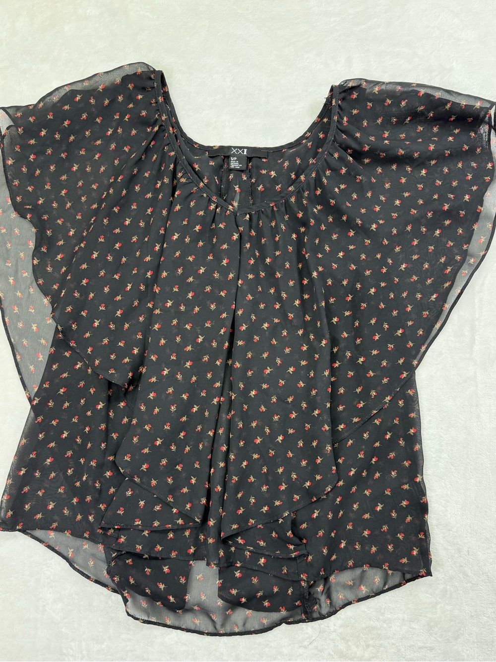 Forever 21 Black Sheer Floral Flutter Sleeve Top